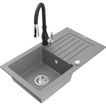 Granitový dřez Mexen Pablo kuchyňský dřez s odkapávačem a kuchyňskou baterií Savita, šedý - 6510-71-672601-70 Granitové dřezy s baterií