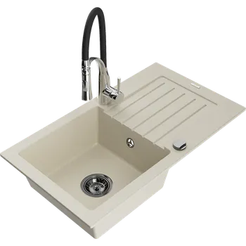 Granitový dřez Mexen Pablo granitový dřez 1-komorový s odkapávačem a kuchyňskou baterií Aster, béžový - 6510-69-73450-07-B Granitové dřezy s baterií