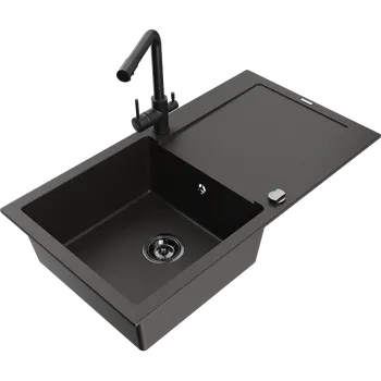 Granitový dřez Mexen Leo granitový dřez 1-komorový s odkapávačem a kuchyňskou baterií Duero, černý/zlatý metalický - 6501-75-671600-70-B Granitové dřezy s baterií