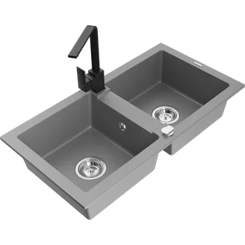 Granitový dřez Mexen Mario granitový dřez 2-komorový s kuchyňskou baterií Rita, šedý - 6504-71-670300-70 Granitové dřezy s baterií