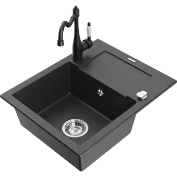 Granitový dřez Mexen Enzo granitový dřez 1-komorový s odkapávačem a kuchyňskou baterií Carla, černý skvrnitý - 6506-76-670700-70 Granitové dřezy s baterií