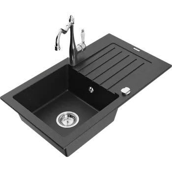 Granitový dřez Mexen Pablo granitový dřez s 1 komorou a odkapávačem a kuchyňskou baterií Carla, černý/stříbrný metalik - 6510-73-670700-00 Granitové dřezy s baterií