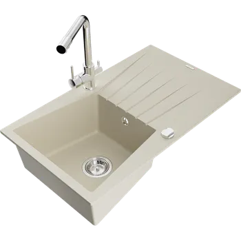 Granitový dřez Mexen Cesar granitový dřez 1-komorový s odkapávačem a kuchyňskou baterií Duero, béžový - 6514-69-671600-00 Granitové dřezy s baterií
