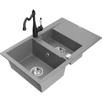 Granitový dřez Mexen Gaspar žulový dřez 1,5komorový s odkapávačem a kuchyňskou baterií Carla, šedý - 6507-71-670700-70 Granitové dřezy s baterií