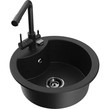 Granitový dřez Mexen Diego granitový dřez 1-komorový s kuchyňskou baterií Duero, černý - 6512-77-671600-70-B Granitové dřezy s baterií