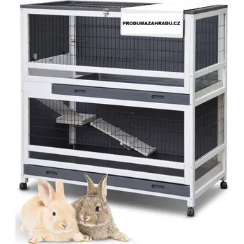 Velká dvoupatrová propojená králíkárna z masivu. Pallma indoor Oskar, designová - šedo-bílá, 115x60x118cm.