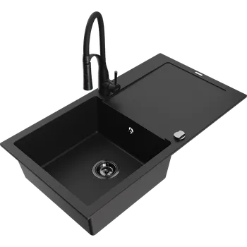 Granitový dřez Mexen Leo granitový kuchyňský dřez 1-komorový s odkapávačem a kuchyňskou baterií Aster, černý - 6501-77-73450-70-B Granitové dřezy s baterií