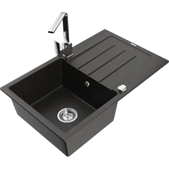 Granitový dřez Mexen Bruno granitový dřez 1-komorový s odkapávačem a kuchyňskou baterií Rita, černý/zlatý metalik - 6513-75-670300-00 Granitové dřezy s baterií