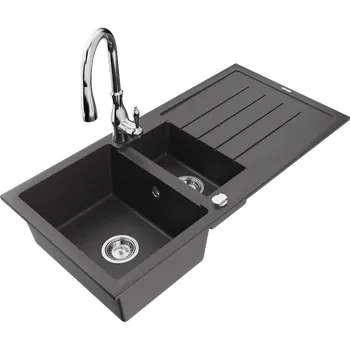 Granitový dřez Mexen Andres granitový dřez 1,5-komorový s odkapávačem a kuchyňskou baterií Savita, černý tečkovaný - 6515-76-672601-00 Granitové dřezy s baterií