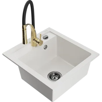 Granitový dřez Mexen Matias granitový dřez 1,5-komorový s odkapávačem a kuchyňskou baterií Aster, bílý - 6502-20-73450-57-B Granitové dřezy s baterií