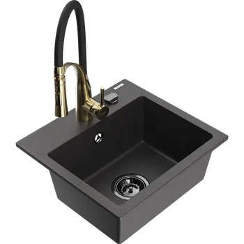 Granitový dřez Mexen Milo granitový dřez 1-komorový s kuchyňskou baterií Aster, černý skvrnitý - 6505-76-73450-57-B Granitové dřezy s baterií