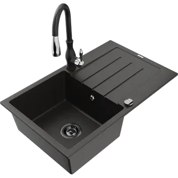 Kuchyňský dřez Mexen Bruno granitový dřez 1-komorový s odkapávačem a kuchyňskou baterií Savita, černý/zlatý metalik - 6513-75-672601-70-B Granitové dřezy s baterií