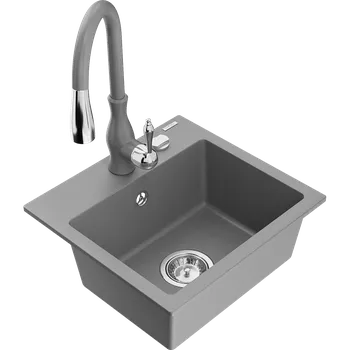 Granitový dřez Mexen Milo jednokomorový žulový dřez s kuchyňskou baterií Savita, šedý - 6505-71-672601-71 Granitové dřezy s baterií