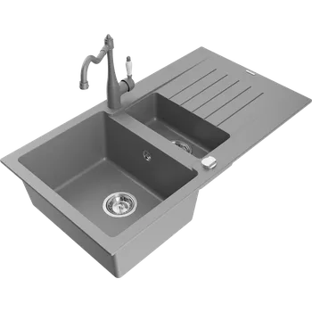 Granitový dřez Mexen Matias žulový dřez 1,5-komorový s odkapávačem a kuchyňskou baterií Carla, šedý - 6502-71-670700-71 Granitové dřezy s baterií