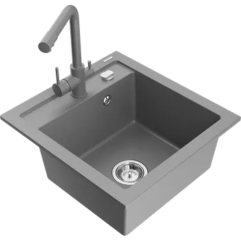 Granitový dřez Mexen Vito granitový dřez s jednou komorou a kuchyňskou baterií Duero, šedý - 6503-71-671600-71 Granitové dřezy s baterií