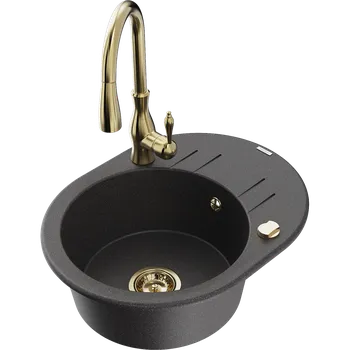 Granitový dřez Mexen Kevin granitový dřez 1-komorový s odkapávačem a kuchyňskou baterií Savita, černý skvrnitý - 6517-76-672601-50 Granitové dřezy s baterií