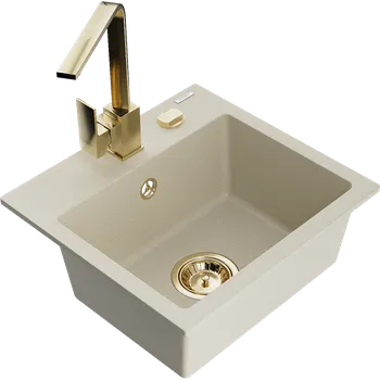 Granitový dřez Mexen Milo granitový dřez 1-komorový s kuchyňskou baterií Rita, béžový - 6505-69-670300-50 Granitové dřezy s baterií