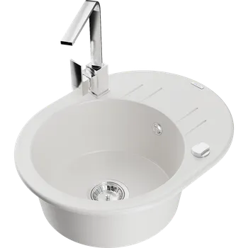 Granitový dřez Mexen Kevin granitový dřez 1-komorový s odkapávačem a kuchyňskou baterií Rita, bílý - 6517-20-670300-00 Granitové dřezy s baterií