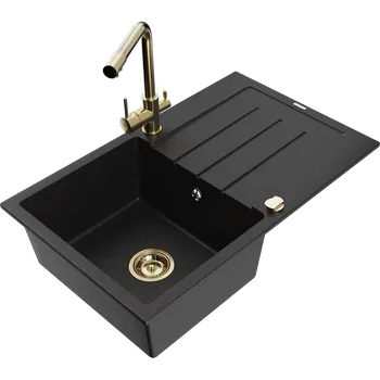 Granitový dřez Mexen Bruno granitový dřez 1-komorový s odkapávačem a kuchyňskou baterií Duero, černý - 6513-77-671600-50 Granitové dřezy s baterií