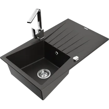 Granitový dřez Mexen Cesar granitový dřez 1-komorový s odkapávačem a kuchyňskou baterií Rita, černý/zlatý metalik - 6514-75-670300-00 Granitové dřezy s baterií