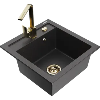 Granitový dřez Mexen Vito granitový dřez 1-komorový s kuchyňskou baterií Rita, černý skvrnitý - 6503-76-670300-50 Granitové dřezy s baterií
