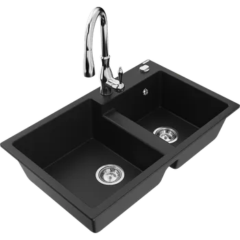 Granitový dřez Mexen Tomas granitový dřez 2-komorový s kuchyňskou baterií Savita, černý - 6516-77-672601-00 Granitové dřezy s baterií