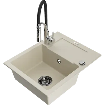 Granitový dřez Mexen Enzo granitový dřez 1-komorový s odkapávačem a kuchyňskou baterií Aster, béžový - 6506-69-73450-07-B Granitové dřezy s baterií