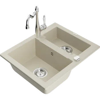 Granitový dřez Mexen Carlos žulový dřez 1,5-komorový s kuchyňskou baterií Carla, béžový - 6518-69-670700-00 Granitové dřezy s baterií