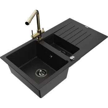 Granitový dřez Mexen Matias granitový dřez 1,5-komorový s odkapávačem a kuchyňskou baterií Duero, černý - 6502-77-671600-50-B Granitové dřezy s baterií