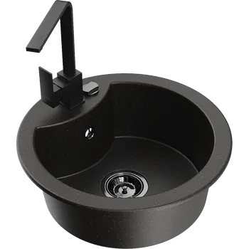 Granitový dřez Mexen Diego granitový dřez 1-komorový s kuchyňskou baterií Rita, černý/zlatý metalický - 6512-75-670300-70-B Granitové dřezy s baterií