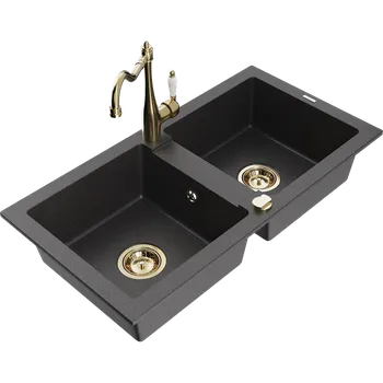 Granitový dřez Mexen Mario granitový dřez dvoukomorový s kuchyňskou baterií Carla, černý skvrnitý - 6504-76-670700-50 Granitové dřezy s baterií