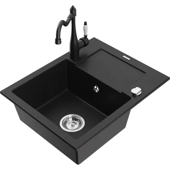 Granitový dřez Mexen Enzo granitový dřez 1-komorový s odkapávačem a kuchyňskou baterií Carla, černý - 6506-77-670700-70 Granitové dřezy s baterií