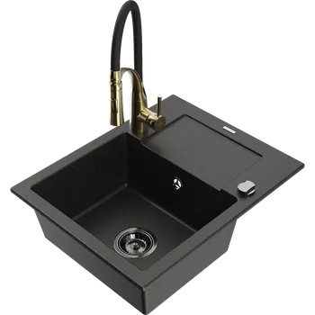Granitový dřez Mexen Enzo granitový dřez 1-komorový s odkapávačem a kuchyňskou baterií Aster, černý/zlatý metalík - 6506-75-73450-57-B Granitové dřezy s baterií