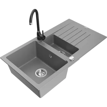 Granitový dřez Mexen Matias granitový dřez 1,5-komorový s odkapávačem a kuchyňskou baterií Telma, šedý - 6502-71-670200-70 Granitové dřezy s baterií
