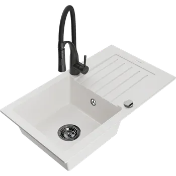 Granitový dřez Mexen Pablo granitový dřez 1-komorový s odkapávačem a kuchyňskou baterií Aster, bílý - 6510-20-73450-70-B Granitové dřezy s baterií