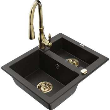 Granitový dřez Mexen Carlos dřez z granitu, 1,5-komorový s kuchyňskou baterií Savita, černý/zlatý metalický - 6518-75-672601-50 Granitové dřezy s baterií