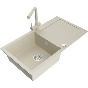 Granitový dřez Mexen Leo jednovanový granitový dřez s odkapávačem a kuchyňskou baterií Duero, béžový - 6501-69-671600-69 Granitové dřezy s baterií