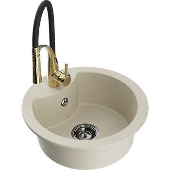 Granitový dřez Mexen Diego granitový dřez 1-komorový s kuchyňskou baterií Aster, béžový - 6512-69-73450-57-B Granitové dřezy s baterií