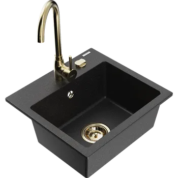 Granitový dřez Mexen Milo granitový dřez 1-komorový s kuchyňskou baterií Telma, černý/stříbrný - 6505-73-670200-50 Granitové dřezy s baterií