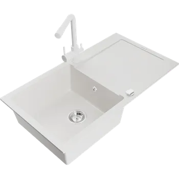 Granitový dřez Mexen Leo granitový dřez s 1 komorou a odkapávačem a kuchyňskou baterií Duero, bílá - 6501-20-671600-20 Granitové dřezy s baterií