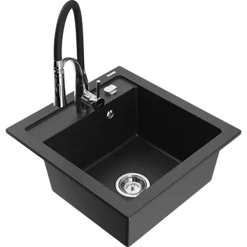 Granitový dřez Mexen Vito granitový dřez 1-komorový s kuchyňskou baterií Aster, černý/stříbrný metalický- 6503-73-73450-07 Granitové dřezy s baterií