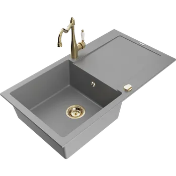 Granitový dřez Mexen Leo granitový jednodřez s odkapávačem a kuchyňskou baterií Carla, šedý - 6501-71-670700-50 Granitové dřezy s baterií