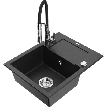 Kuchyňský dřez Mexen Enzo granitový dřez 1-komorový s odkapávačem a kuchyňskou baterií Aster, černý/stříbrný metalik - 6506-73-73450-07 Granitové dřezy s baterií