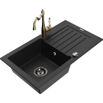 Granitový dřez Mexen Pablo žulový dřez 1-komorový s odkapávačem a kuchyňskou baterií Carla, černý - 6510-77-670700-50-B Granitové dřezy s baterií