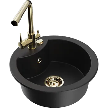 Granitový dřez Mexen Diego granitový dřez s 1 komorou a kuchyňskou baterií Duero, černý - 6512-77-671600-50 Granitové dřezy s baterií