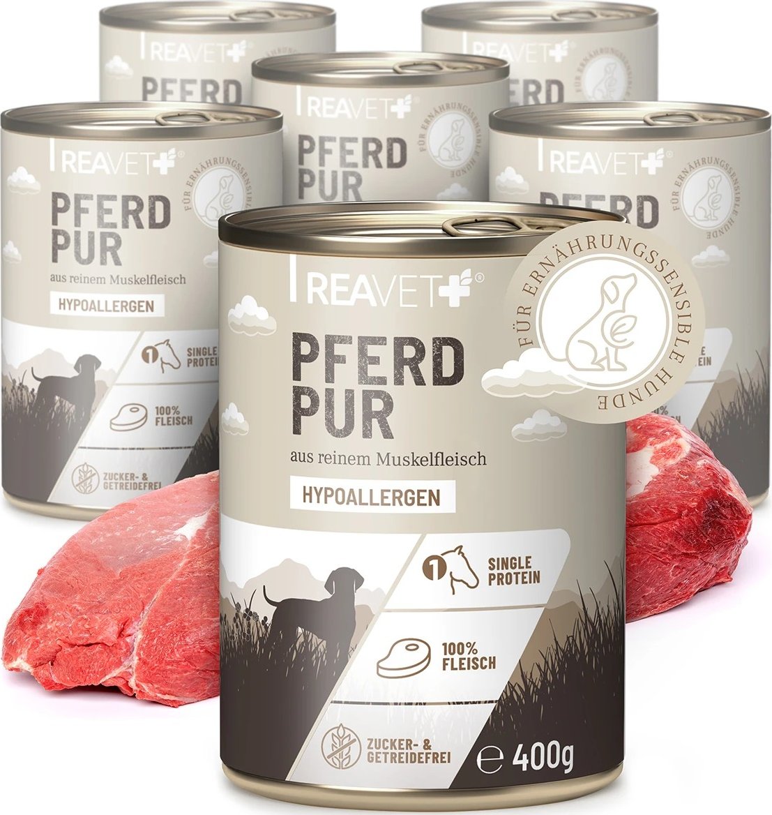 REAVET 100% čisté maso pro nutričně citlivé psy - koňské (400 g - 800 g) Počet a hmotnost: 6 x 400g