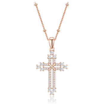 Náhrdelník MINET Rose gold stříbrný náhrdelník křížek se zirkony a řetízek s kuličkami JMAN0668RN45