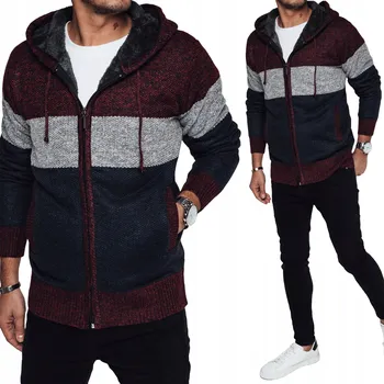 Pánský svetr ZATEPLENÝ PÁNSKÝ ROZEPÍNACÍ SVETR S KAPUCÍ VÍNOVÝ WX2275 - XXL