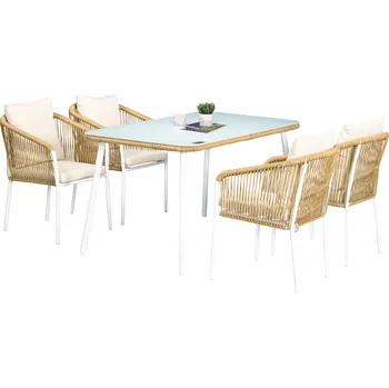 Zahradní dekorace Zahradní sada Outsunny 5dílná, ratanový vzhled, sedáky a opěrné polštáře, rám z nerezového hliníku, žlutá/bílá/béžová