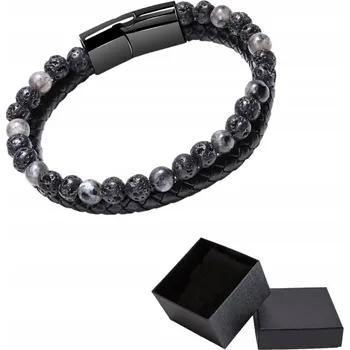 Náramek Pánský Náramek Černá Pletená Kůže a Přírodní Kámen Láva